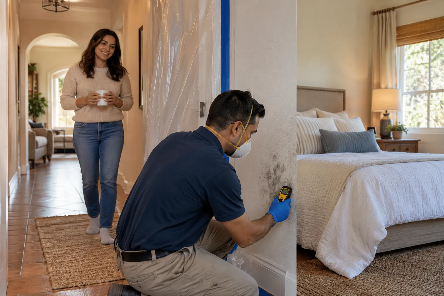 Technician removing dark mold from a bathroom ceiling