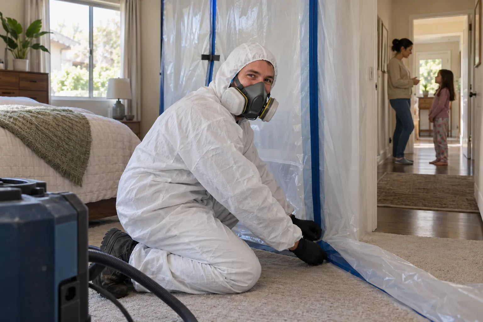 Mold remediation work area sealed with plastic sheeting